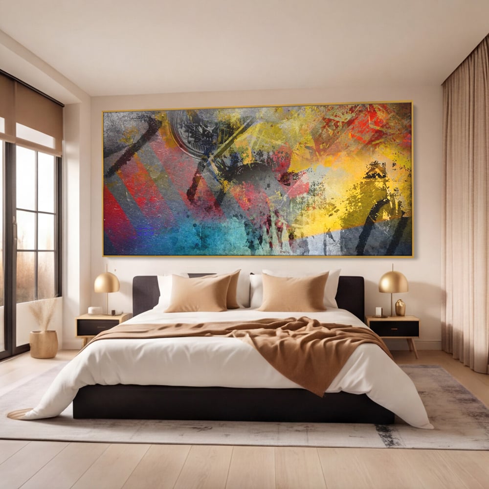 Tablou canvas cu pictura abstracta cu pete vibrante, in rama de aluminiu auriu, pe perete intr-un dormitor